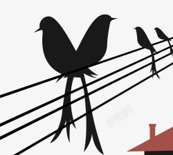 黑色手绘电线上的小鸟素材