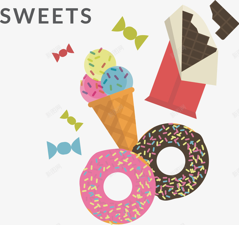 甜点矢量图ai免抠素材_新图网 https://ixintu.com 冰淇淋 甜点 甜甜圈 糖果 矢量图
