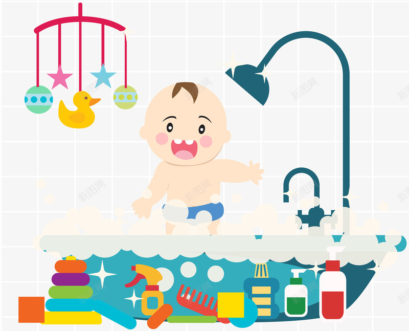 可爱婴儿洗澡png免抠素材_新图网 https://ixintu.com 婴儿 梳子 水龙头 沐浴露 玩具 鸭子