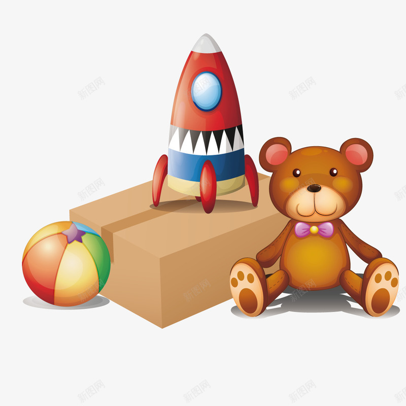 玩具火箭矢量图ai免抠素材_新图网 https://ixintu.com 抓气球的熊 玩具熊 玩具球 矢量图 纸箱 黄色