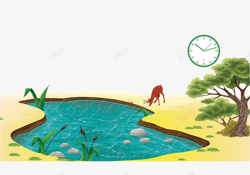 池塘风景png免抠素材_新图网 https://ixintu.com 动物 树叶 树枝 树根 植物 池塘 蓝色 鹅卵石 麋鹿