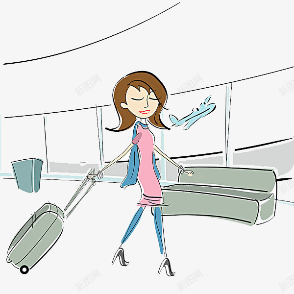 赶飞机的人png免抠素材_新图网 https://ixintu.com 匆忙 卡通手绘 拖着行李的人 装饰 飞机 飞机场