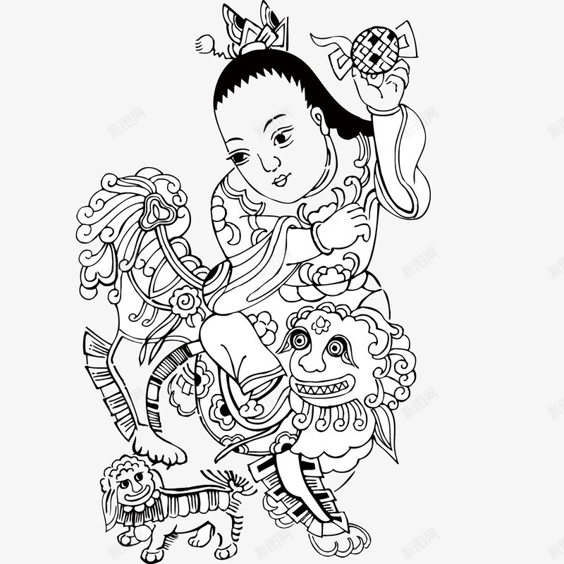 古代舞狮png免抠素材_新图网 https://ixintu.com 人物 卡通 古代 手绘 狮子 白色 简笔 线条 黑色