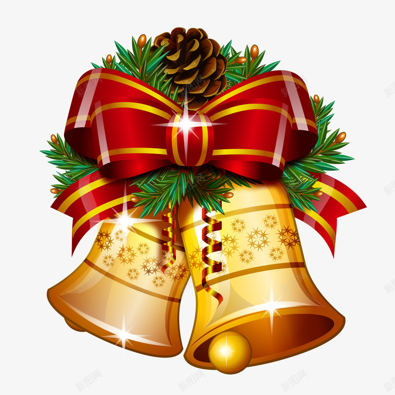圣诞装饰铃铛图png免抠素材_新图网 https://ixintu.com 免抠图 圣诞节 植物装饰 红色丝带 蝴蝶结 金色 铃铛