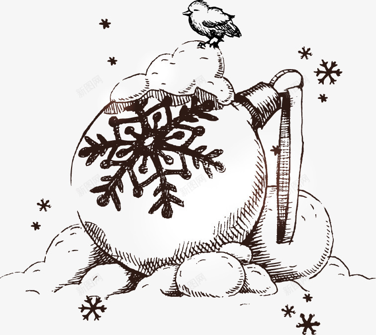 手绘素描雪球雪花小鸟png免抠素材_新图网 https://ixintu.com 小鸟 手绘 素描 雪球 雪花 雪花绘画