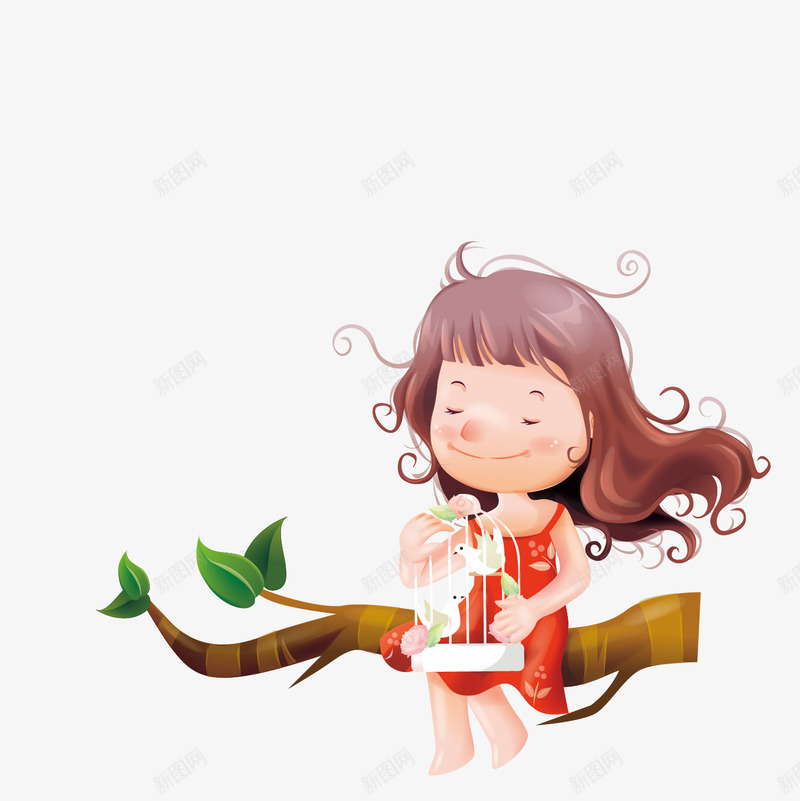 拿着鸟笼坐在树枝上的小女孩png免抠素材_新图网 https://ixintu.com 女孩 小鸟 树枝 鸟笼
