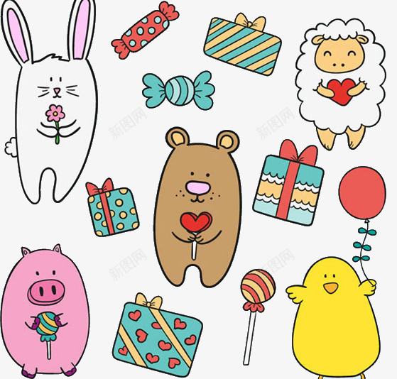 卡通动物和礼物png免抠素材_新图网 https://ixintu.com 兔子 动物 卡通 小猪 小羊 礼物 鸭子