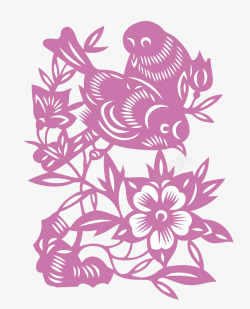 复古紫色剪纸艺术小鸟素材