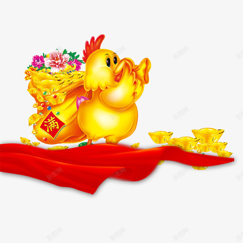 福鸡满贯png免抠素材_新图网 https://ixintu.com 吹喇叭的鸡 红色丝带 背着整袋的元宝 金元宝 金色的鸡 金鸡 鸡年
