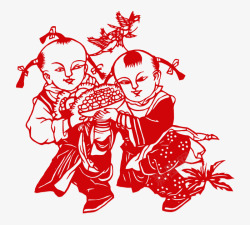 中国风红色小孩剪纸素材