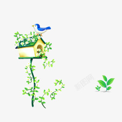 小鸟花朵图案背景图片绿色树藤鸟屋小鸟装饰图案高清图片