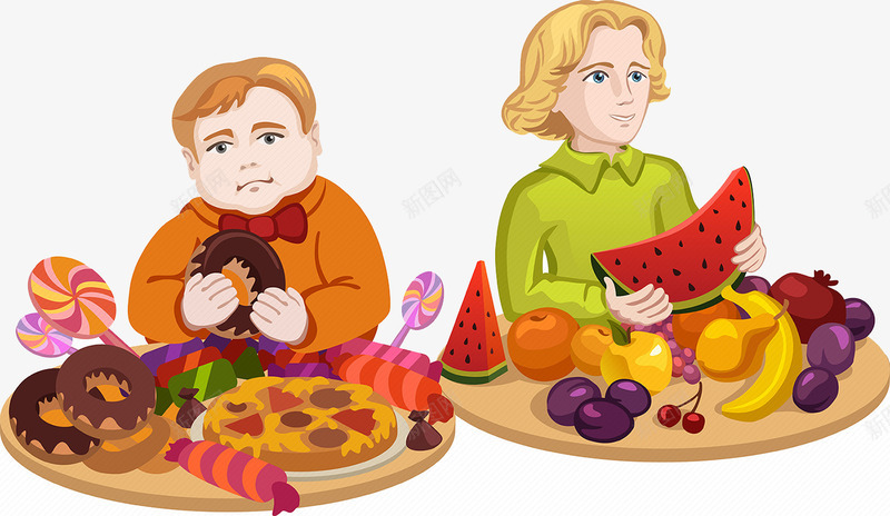 手绘吃糖果水果和人png免抠素材_新图网 https://ixintu.com 吃水果和人 吃糖果的人 孩子吃水果 手绘人物 蛋糕甜甜圈