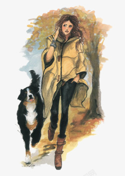 手绘秋天公园风景遛狗的女人高清图片