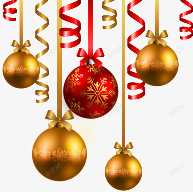 圣诞节吊饰png免抠素材_新图网 https://ixintu.com 丝带 圆球 圣诞节 红色 金色