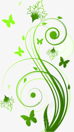 绿色卡通树枝线条蝴蝶素材