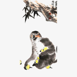 中国风水墨彩绘猴子捡水果素材