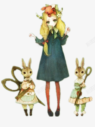 女孩和她的兔子png免抠素材_新图网 https://ixintu.com 剪刀 动作 动物 插画 针线
