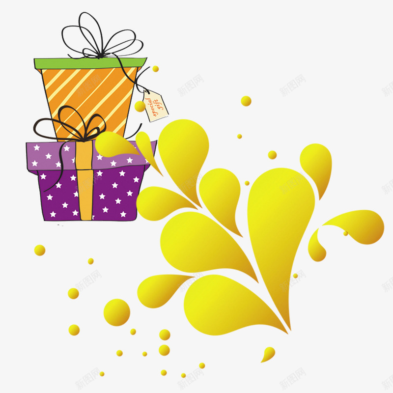 卡通礼物盒黄色装饰png免抠素材_新图网 https://ixintu.com 卡通装饰 礼物盒 装饰图案 黄色水滴