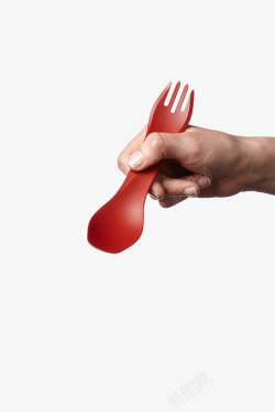 餐具红色手拿木勺高清图片