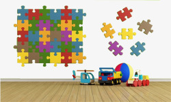 拼装玩具木质立体拼图实物玩具拼图和地上的一堆玩具高清图片
