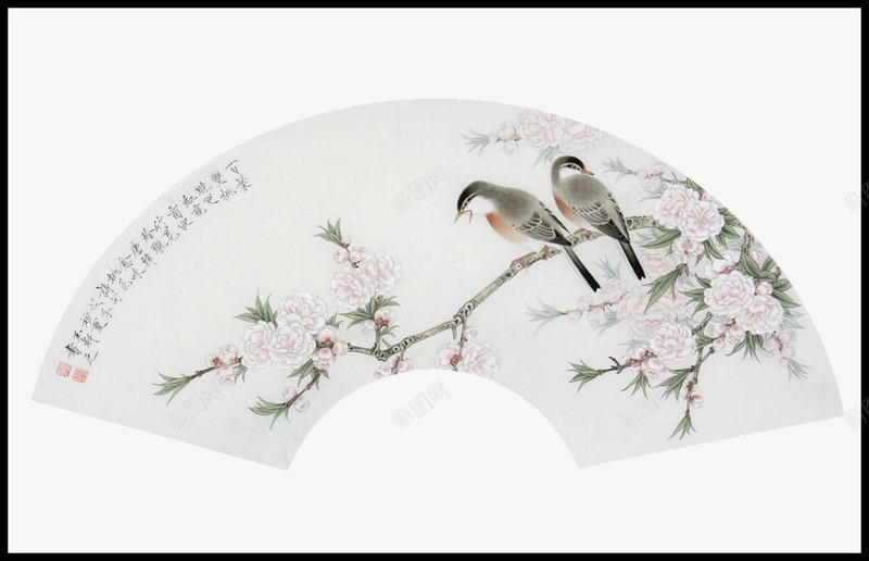 白色扇面png免抠素材_新图网 https://ixintu.com 中国风 传统 小鸟 扇面 白色 花朵