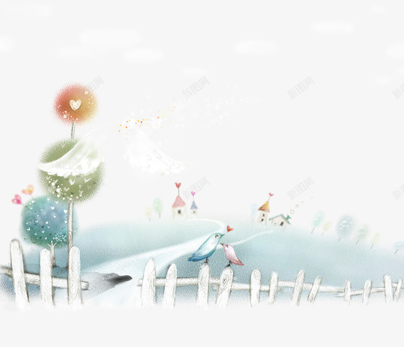 栅栏上的小鸟png免抠素材_新图网 https://ixintu.com 创意插画 卡通插画 栅栏 树木 水彩画 草地 韩国插画 风景画