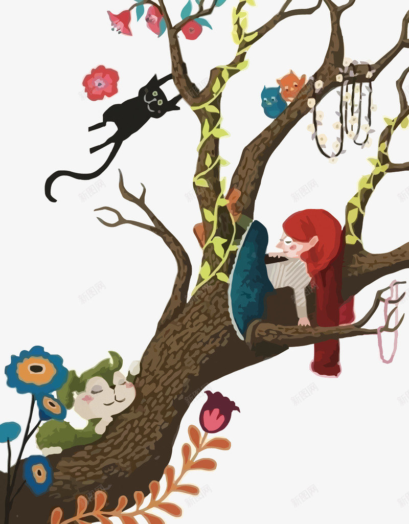 树枝上的女孩png免抠素材_新图网 https://ixintu.com 卡通 女孩矢量 手绘 松树 树枝 树藤 水彩 猫咪 花朵