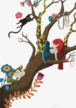 水彩树藤树枝上的女孩高清图片