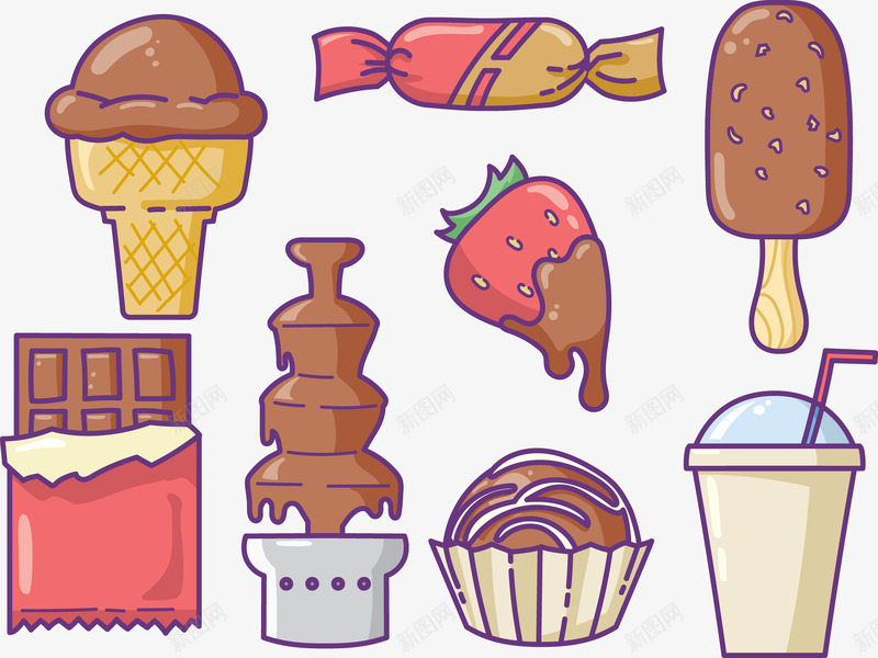 巧克力食物矢量图eps免抠素材_新图网 https://ixintu.com 巧克力 巧克力冰淇淋 糖果 草莓 蛋糕 面包 饮料 矢量图
