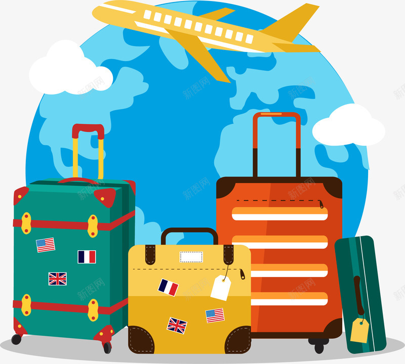 带着行李去旅行png免抠素材_新图网 https://ixintu.com 毕业旅行 环球旅行 矢量素材 行李箱 黄色飞机