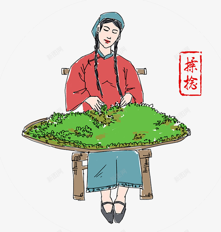 捻茶的姑娘png免抠素材_新图网 https://ixintu.com 卡通 姑娘 绿色 茶叶