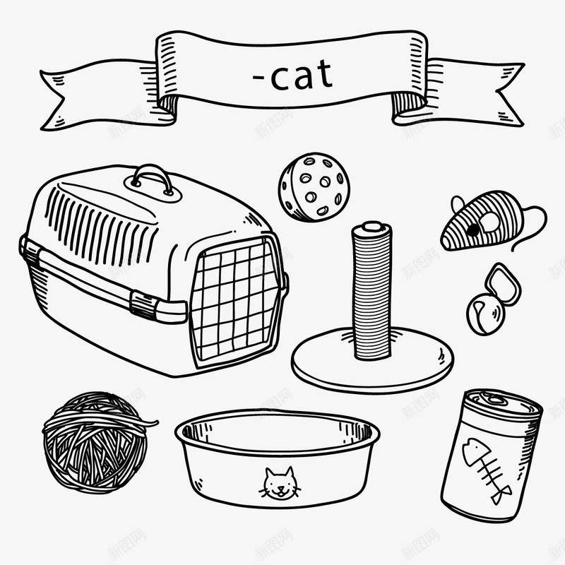 宠物猫笼png免抠素材_新图网 https://ixintu.com 猫罐头 玩具 笼子 铅画