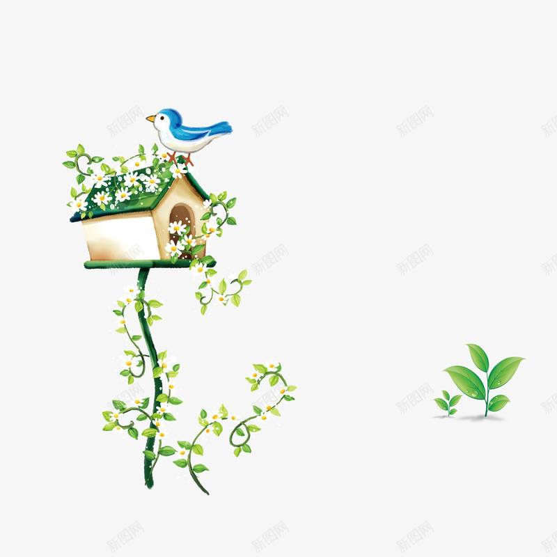 卡通绿色树叶花朵小鸟png免抠素材_新图网 https://ixintu.com 卡通 小鸟 树叶 绿色 花朵