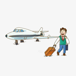 棕色旅行箱拉着行李箱下飞机的男子高清图片