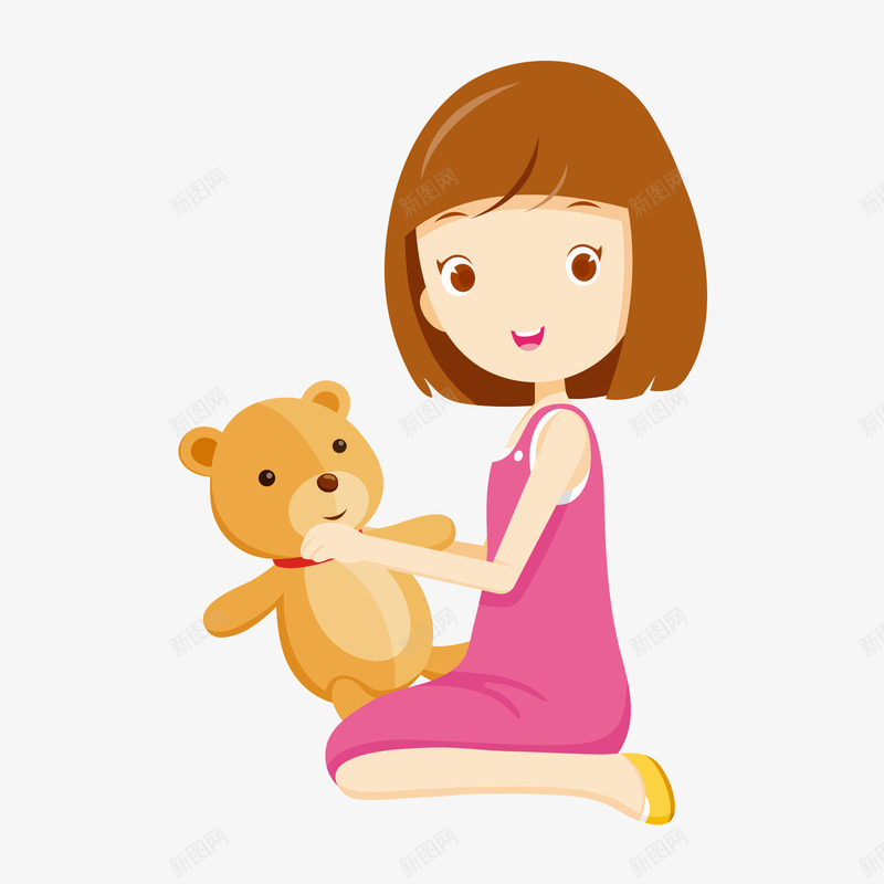 拿着玩具熊的女孩矢量图ai免抠素材_新图网 https://ixintu.com 女孩 开心女孩 熊 玩具 玩具熊 红色 黄色 矢量图