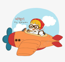 卡通手绘小女孩开飞机素材
