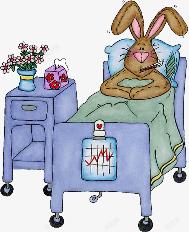 生病的小兔子png免抠素材_新图网 https://ixintu.com 兔子 创意 动物 卡通 手绘 病床