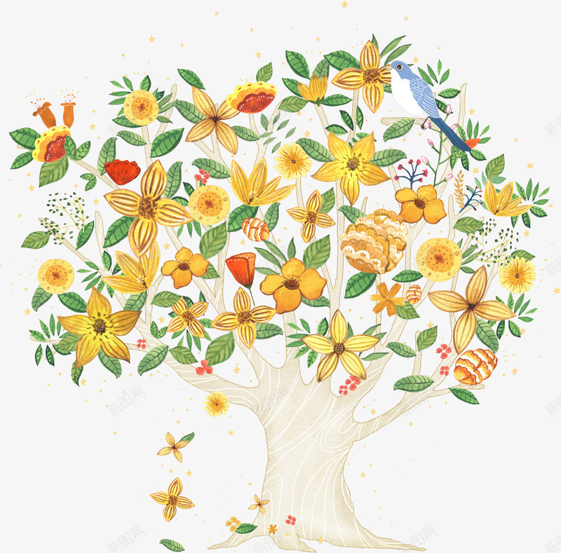 漂亮手绘水彩彩色树小鸟png免抠素材_新图网 https://ixintu.com 平面树木 手绘的彩色树木 树上的小鸟 漂亮的树
