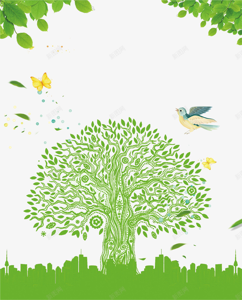 绿色创意春季小树psd免抠素材_新图网 https://ixintu.com 创意设计 小树 小鸟 春季 树叶 绿色 自然 蝴蝶