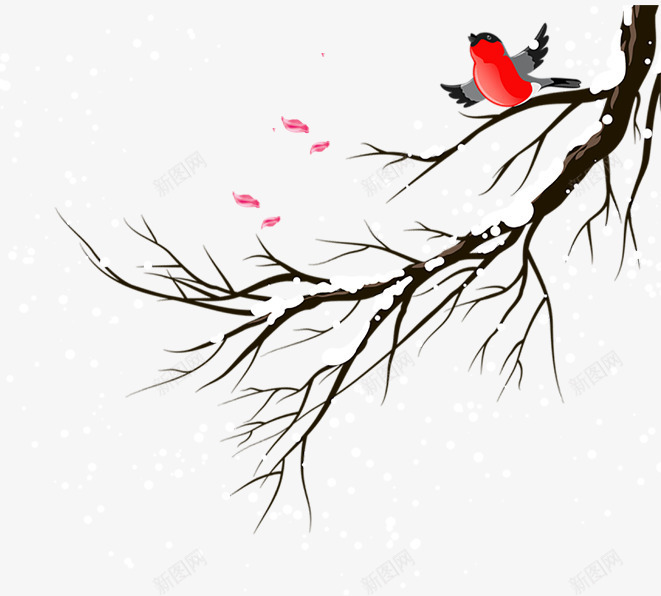 卡通冬季树枝上飞翔的鸟psd免抠素材_新图网 https://ixintu.com 冬季 卡通 树枝上 红色的鸟 雪装饰 飘散的花瓣 飞翔的鸟