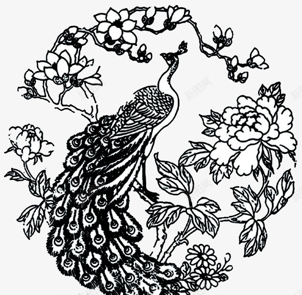 孔雀花朵png免抠素材_新图网 https://ixintu.com 传统花纹 古代纹样 古典纹样 孔雀 牡丹 花朵