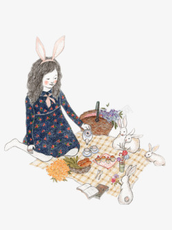 女孩与兔子的野餐素材
