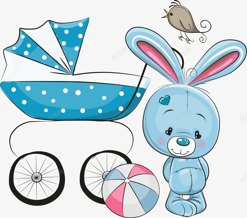 站在婴儿车旁边的小兔子png免抠素材_新图网 https://ixintu.com 卡通 婴儿车 小兔子 小鸟 皮球 蓝色