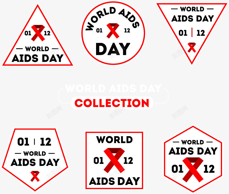 6个艾滋病日标签png免抠素材_新图网 https://ixintu.com 关爱健康 白色 矢量素材 红丝带 红色