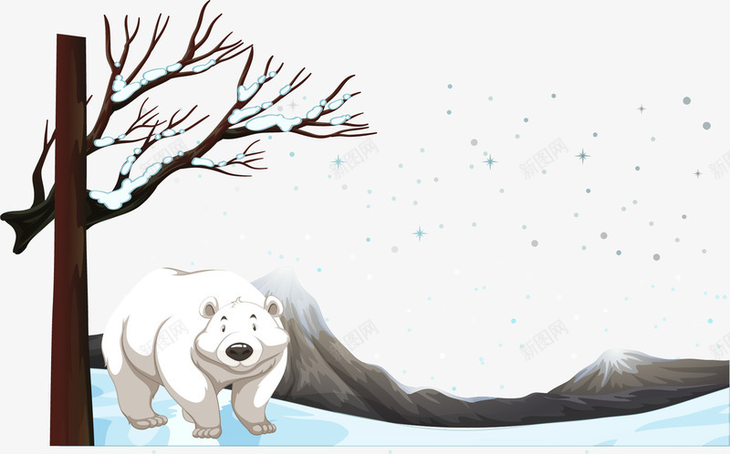 手绘北极熊png免抠素材_新图网 https://ixintu.com 下雪的冬天 北极熊 卡通 手绘 树枝 雪花