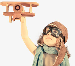 拿木头飞机的小孩素材