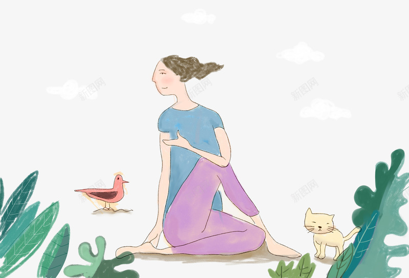 正在练习瑜伽的女孩psd免抠素材_新图网 https://ixintu.com 动漫动画 卡通女人 卡通手绘 女孩 小鸟 植物 猫咪 装饰图
