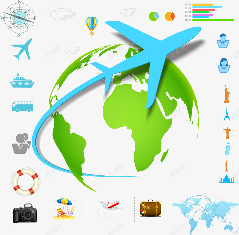 环球旅游海报png免抠素材_新图网 https://ixintu.com 信息图 旅行 环球 绕着地球 航班 航空 飞机