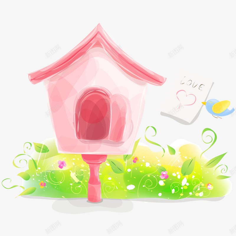 粉色房子与绿色植物png免抠素材_新图网 https://ixintu.com 动漫动画 卡通手绘 小草 小鸟 植物 粉色房屋 花朵 装饰图