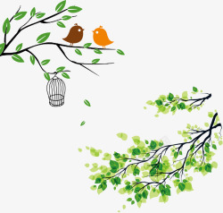 卡通树枝绿色树叶小鸟背景装饰素材
